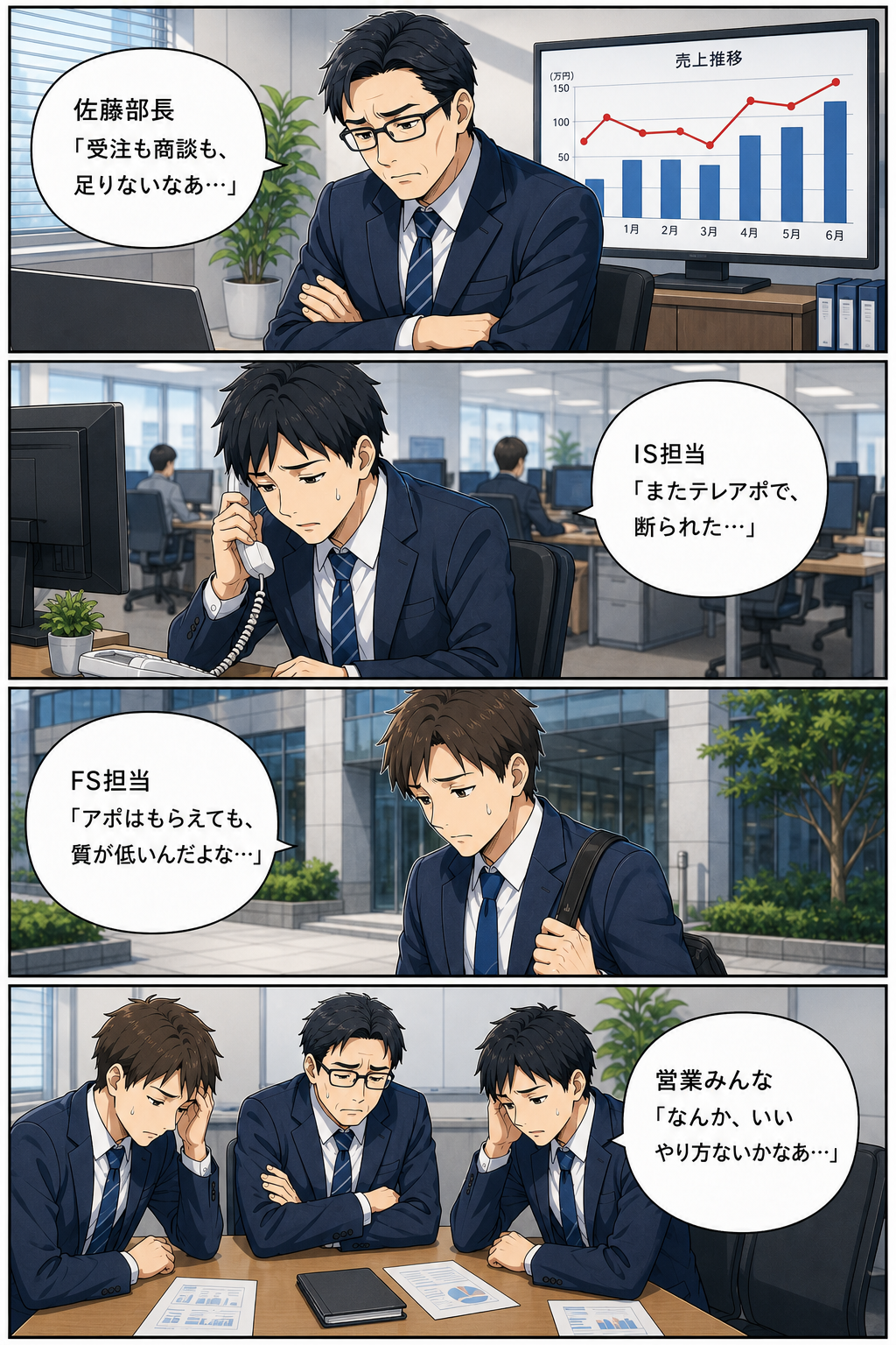 受注も商談も足りない、テレアポは断られる、アポはもらえても質が低い——悩む営業部